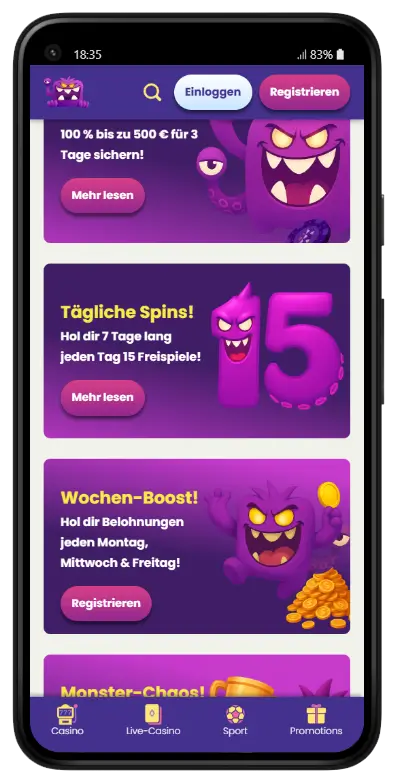 Slotmonster Casino bonussen en promoties overzicht Mobiel scherm met Slotmonster promoties: dagelijkse 15 gratis spins gedurende 7 dagen, Wochen-Boost beloningen op maandag, woensdag en vrijdag, en de Monster-Chaos aanbieding