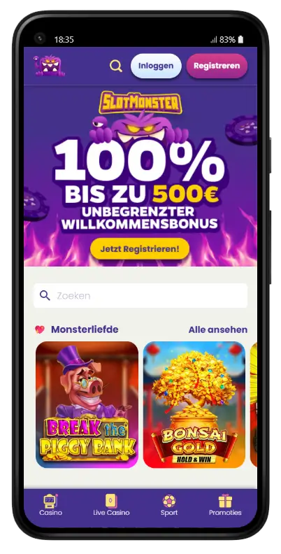 Slotmonster Casino officiële homepage met welkomstbonus Slotmonster Casino startpagina op mobiel met een welkomstbanner van 100% tot €500 en de sectie Monsterliefde met uitgelichte gokkasten Break the Piggy Bank en Bonsai Gold