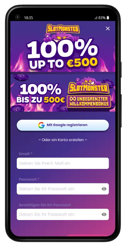 Slotmonster Casino account aanmaken en registreren Slotmonster Casino registratieformulier op mobiel met 100% tot €500 welkomstbonus banner, Google-registratieoptie en invulvelden voor e-mail en wachtwoord