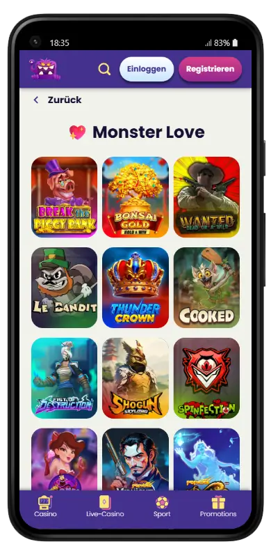Slotmonster Casino spelcollectie op mobiel Mobiel scherm van Slotmonster Casino met de categorie Monster Love met gokkasten zoals Break the Piggy Bank, Bonsai Gold, Wanted, Le Bandit, Thunder Crown en Shogun
